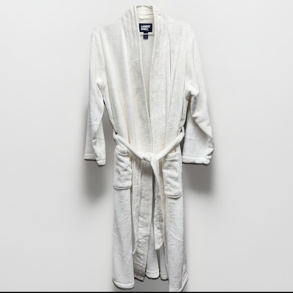 Lands End Robe Woman L  Cream  Tie Long Belted Cozy Lounge Pockets plush soft - Picture 1 of 7